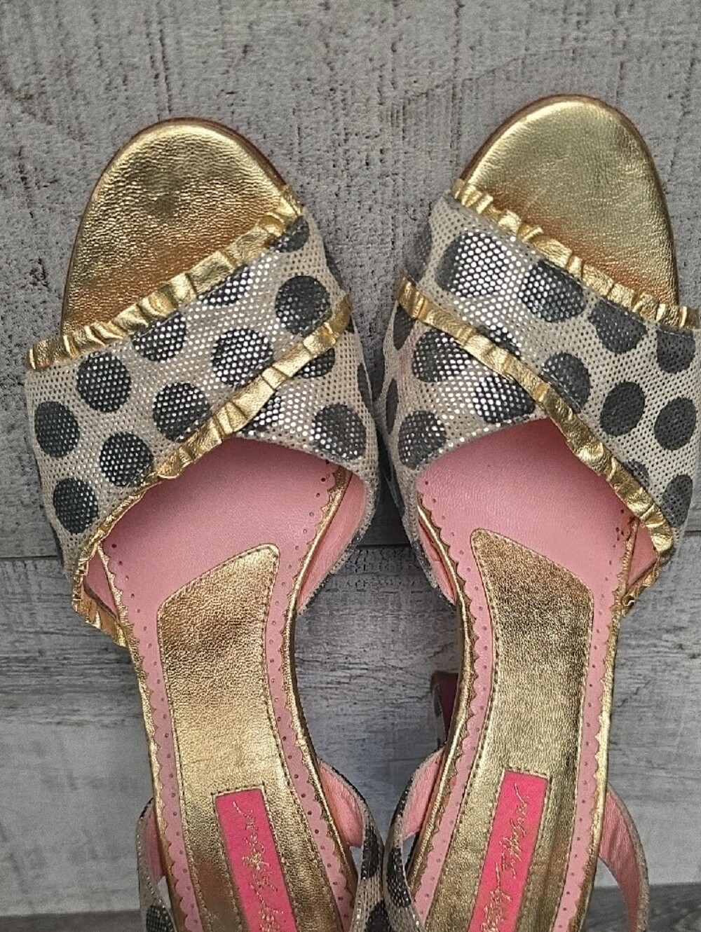 Betsy Johnson Polka Dot Gold Peep-Toe Heels Size 10 - Picture 5 of 5